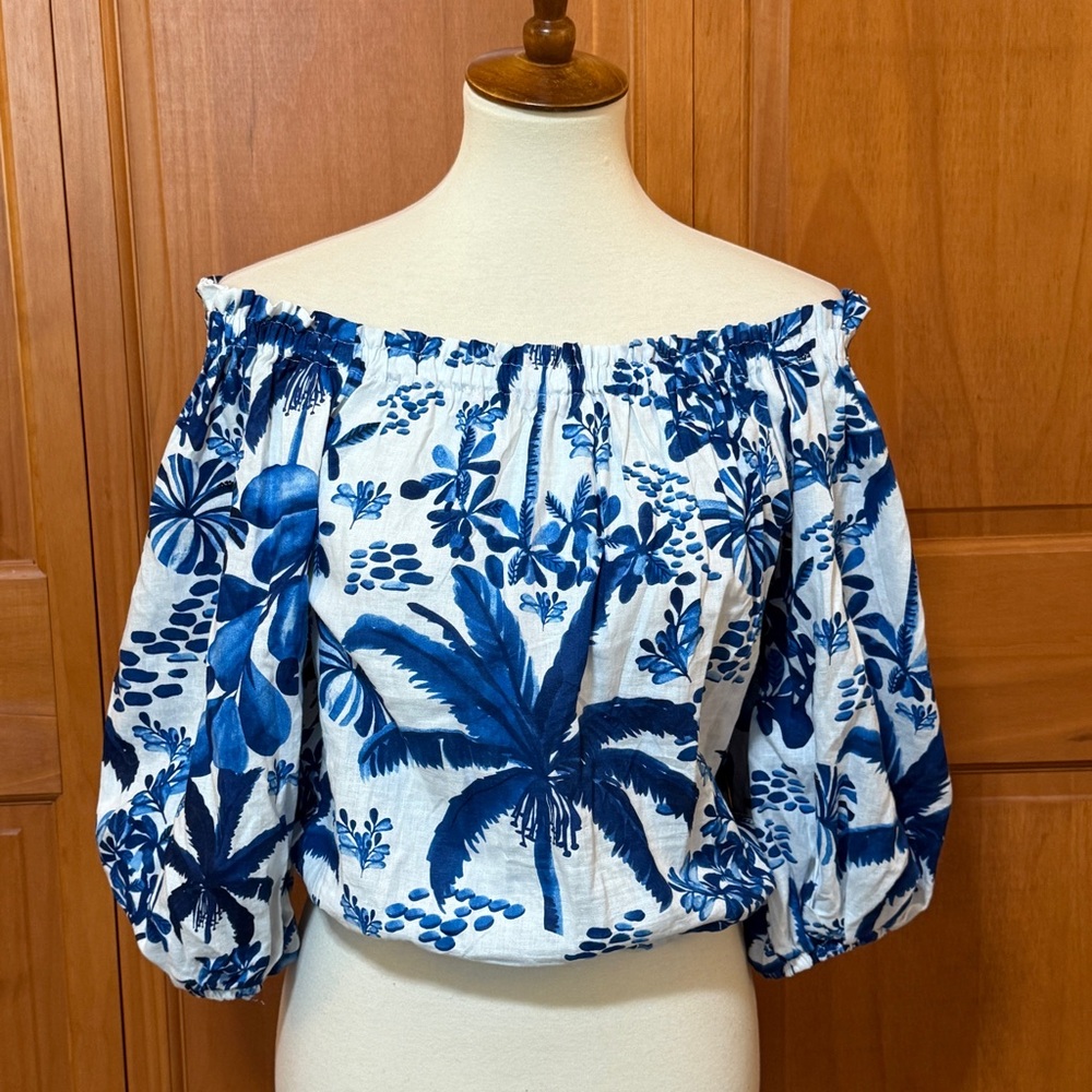 Panama Jack Blue White Tropical Floral Linen Blend Crop Bubble Off-Shoulder Top